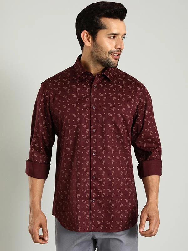 Indian Terrain Men's Regular Fit Full Sleeve All Over Print Maroon Shirt